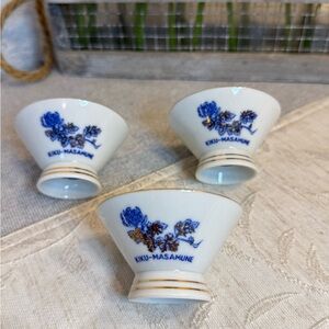 3 Vintage Kiku-Masamune Japanese Sake Cups - Blue Chrysanthemum & Gold Trim